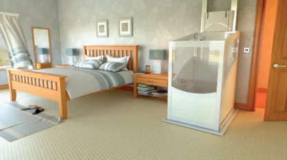 A modern bedroom with a wooden bed, matching furniture, and a walk-in bathtub installed next to the bed near the door.