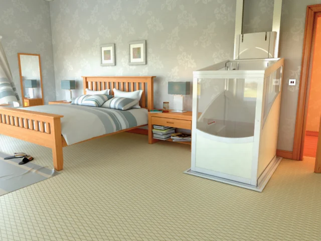 A modern bedroom with a wooden bed, matching furniture, and a walk-in bathtub installed next to the bed near the door.