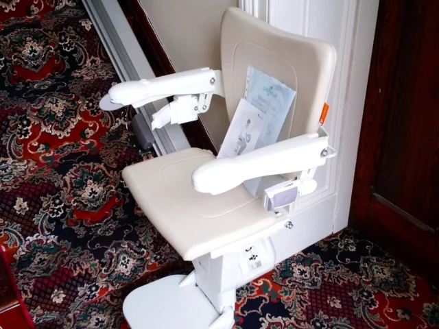 A beige stairlift chair is installed on a staircase with ornate red and blue patterned carpet and white paneled walls.