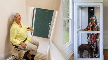 Side-by-side images of a woman using a stair lift and another woman with a dog inside a home elevator.