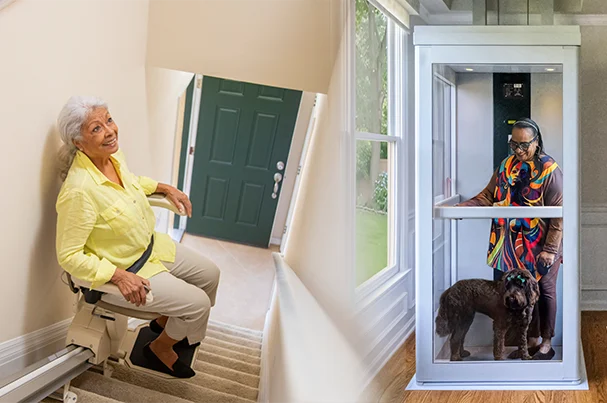 Side-by-side images of a woman using a stair lift and another woman with a dog inside a home elevator.