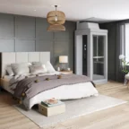 Modern bedroom with a double bed, two nightstands, a chair, and a residential elevator in the corner next to large windows.