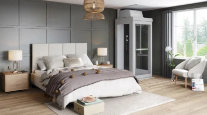 Modern bedroom with a double bed, two nightstands, a chair, and a residential elevator in the corner next to large windows.