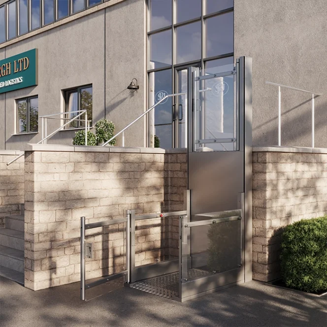 A metal wheelchair lift is installed next to steps outside a commercial building with large windows and a sign reading "HIGH LTD.