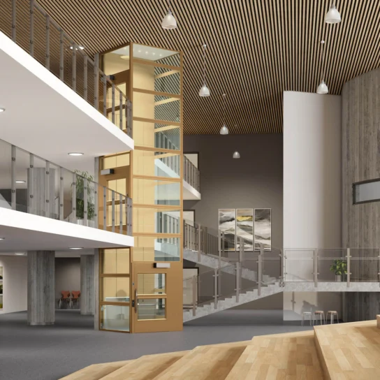 Modern interior with a glass elevator, wooden elements, tiered seating, and metal staircase, featuring glass railings, large windows, and potted plants.