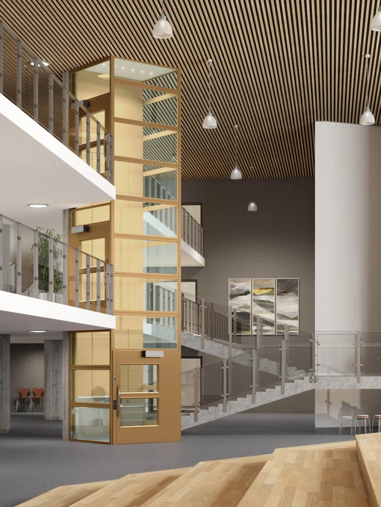 Modern interior with a glass elevator, wooden elements, tiered seating, and metal staircase, featuring glass railings, large windows, and potted plants.