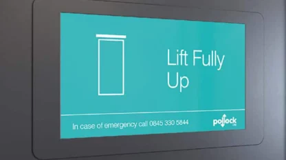 Digital display panel showing a message: "Lift Fully Up" with an emergency contact number at the bottom.