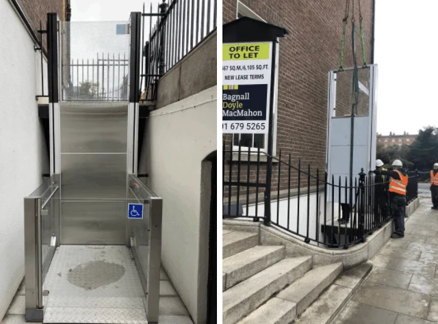 Two images show a wheelchair lift next to a set of stairs; one photo is a close-up, and the other shows workers installing the lift near a sidewalk.