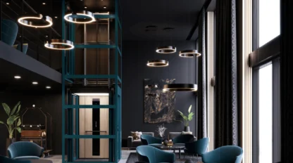 Modern lounge with teal velvet chairs, circular pendant lights, and a glass-walled elevator at the center, featuring dark walls and tall windows letting in natural light.