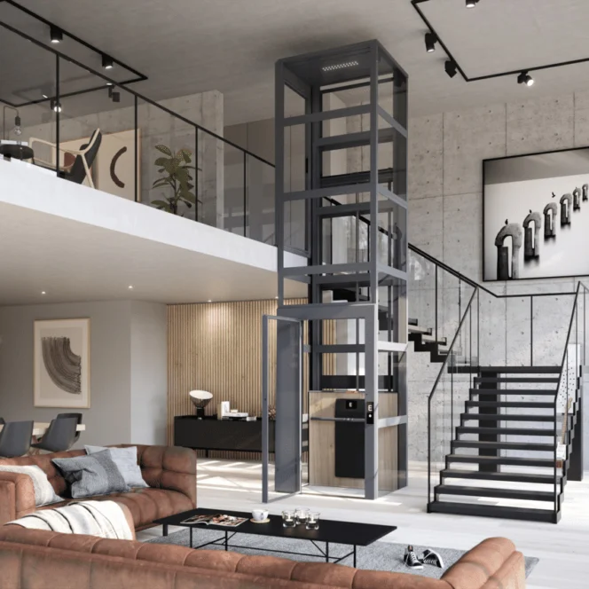 Modern loft-style living space with a glass elevator, open staircase, brown sectional sofa, and mezzanine level featuring office and lounge areas.