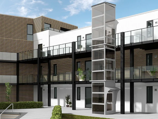 Modern apartment building with wood paneling, large windows, and a glass elevator in the courtyard; balconies run along the upper floors.