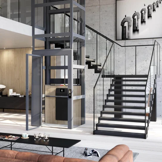 Modern living space with a glass elevator, open staircase with glass railing, beige couch, and contemporary decor including a black and white abstract wall art.