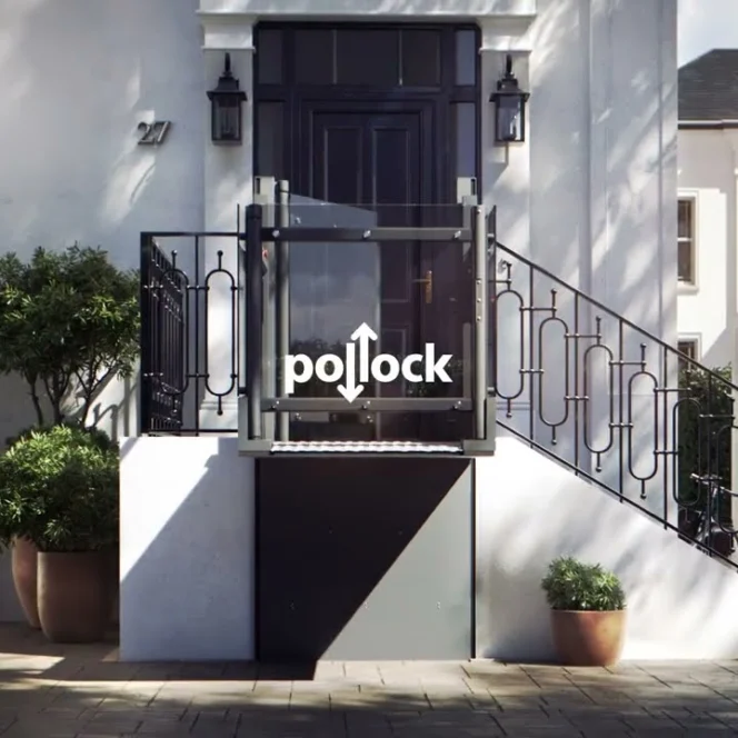 A residential front entrance with black railings, steps leading to a dark door, potted plants on each side, and the word "pollock" in white letters over the image.