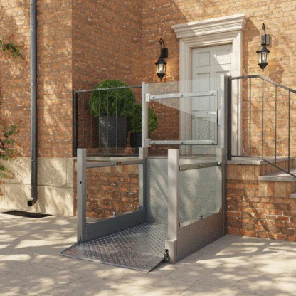 A modern outdoor wheelchair lift is installed beside brick steps, providing accessible entry to a raised doorway of a brick building.