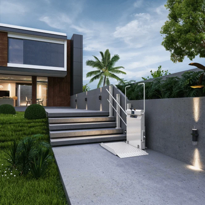 A modern house exterior with stairs leading to the entrance, featuring an outdoor wheelchair platform lift installed beside the steps.