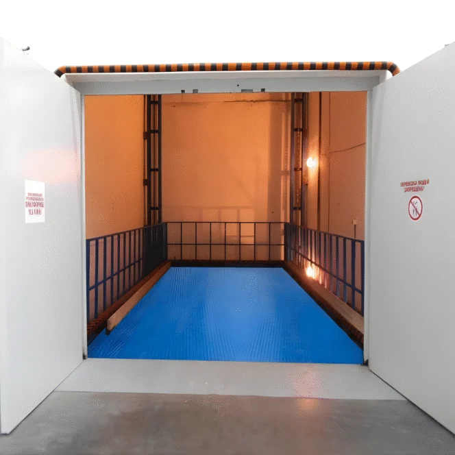 A rectangular indoor swimming pool with a blue cover, surrounded by metal railings and illuminated by warm lighting in an industrial-style room.