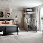 A modern bedroom with a black bed, bedside table, and a compact residential elevator installed near a large window with sheer curtains.