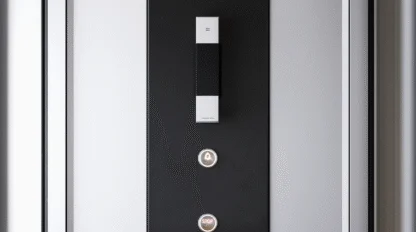 Close-up of an elevator control panel with a handle and five illuminated buttons labeled alarm, stop, start, door, and an arrow, set against a sleek black and silver background.