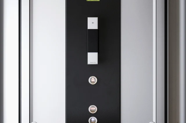 Close-up of an elevator control panel with a handle and five illuminated buttons labeled alarm, stop, start, door, and an arrow, set against a sleek black and silver background.