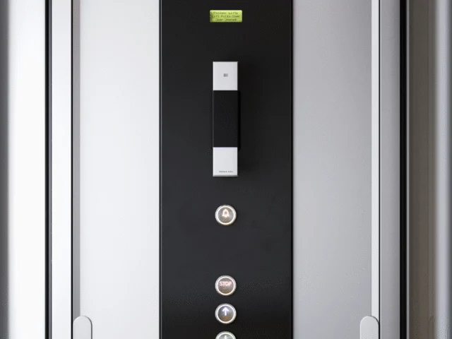 Close-up of an elevator control panel with a handle and five illuminated buttons labeled alarm, stop, start, door, and an arrow, set against a sleek black and silver background.