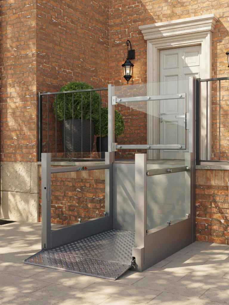 A metal wheelchair lift is installed beside outdoor stairs, providing accessible entry to a brick building with a white door and black railings.