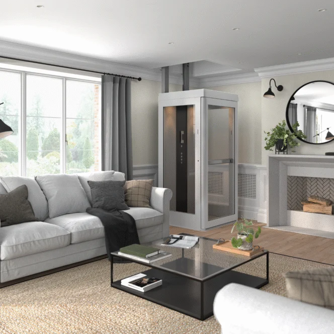 A modern living room with a white sofa, glass coffee table, fireplace, large window with curtains, and a small residential elevator installed near the wall.
